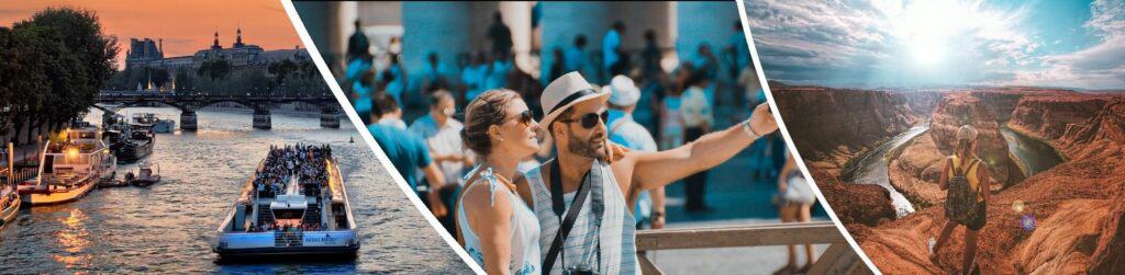 A triptych image featuring tourism trends such as a river cruise in Paris, a couple sightseeing, and a scenic viewpoint over a canyon at sunset.