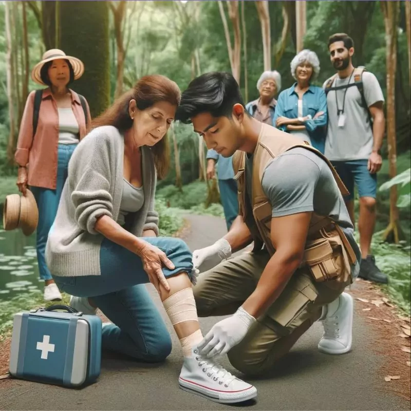 Tour guide providing first aid assistance to a guest, demonstrating safety protocol knowledge.