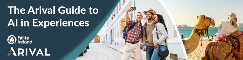 Smiling group taking a selfie in front of a boat with camels and city skyline in the background, promoting The Arrival Guide to AI in Experiences by Fáilte Ireland and Arival.