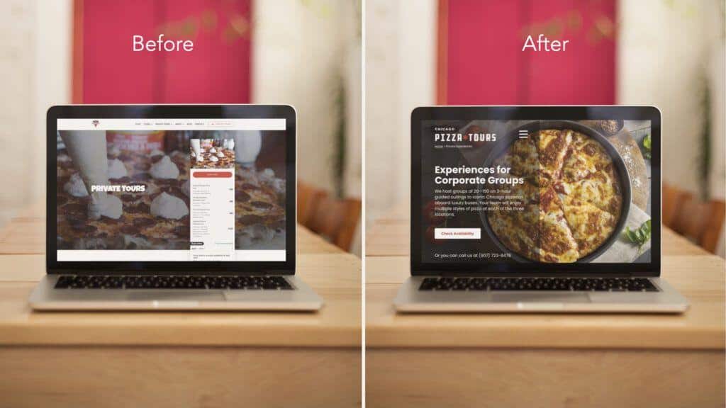 Image of before and after view of Chicago Pizza Tours website