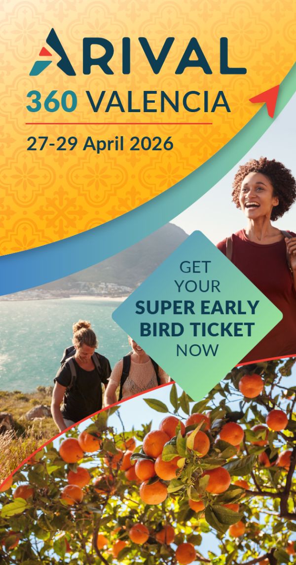 Promotional poster for ARIVAL 360 Valencia conference, April 27-29 2026, featuring people hiking near coastline with orange trees in foreground and 'Get Your Super Early Bird Ticket Now' call-to-action