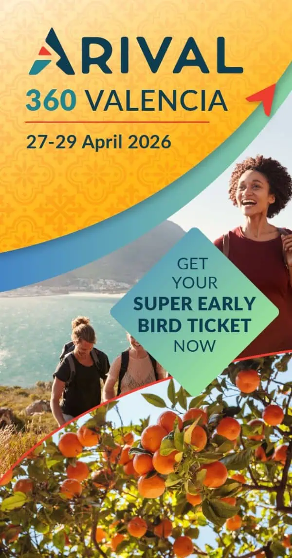 Promotional poster for ARIVAL 360 Valencia conference, April 27-29 2026, featuring people hiking near coastline with orange trees in foreground and 'Get Your Super Early Bird Ticket Now' call-to-action