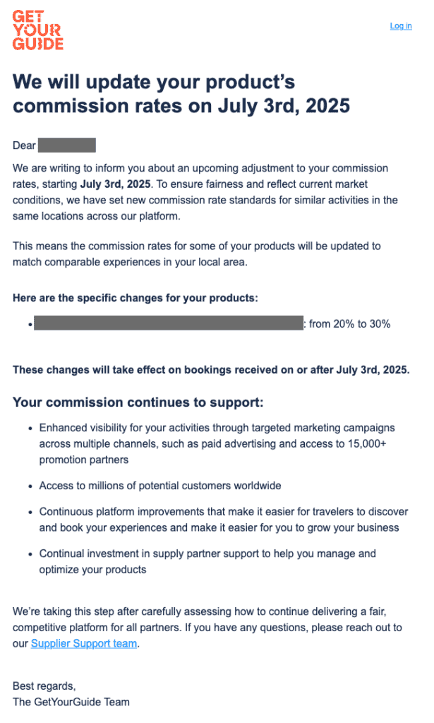 Email notification from GetYourGuide informing suppliers about commission rate changes from 20% to 30% effective July 3rd, 2025, with details about continued platform support and benefits.