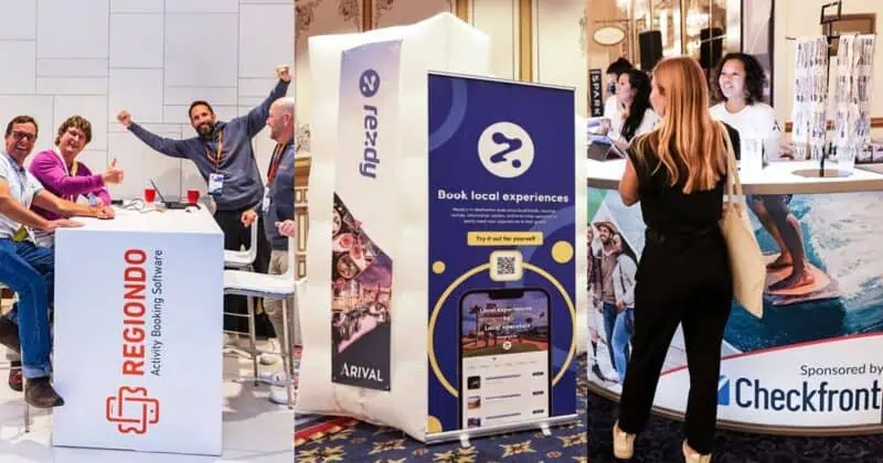 Trade show booths for booking and travel software companies with attendees networking and viewing displays.