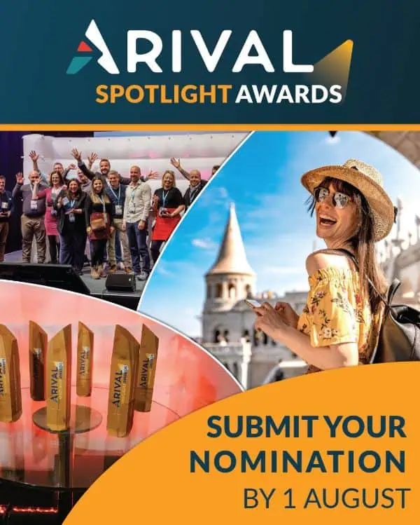 ARIVAL Spotlight Awards promotional image showing award recipients, a tourist taking a selfie, and trophies, with text 'SUBMIT YOUR NOMINATION BY 1 AUGUST'