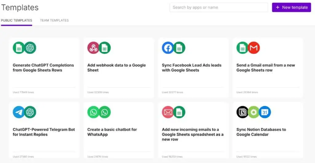 Template gallery interface showing automation options like ChatGPT completions, webhooks, and social media integrations
