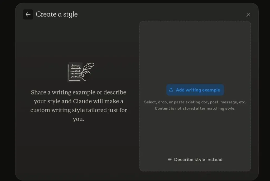 Claude interface for creating a custom writing style with options to add writing examples or describe style preferences