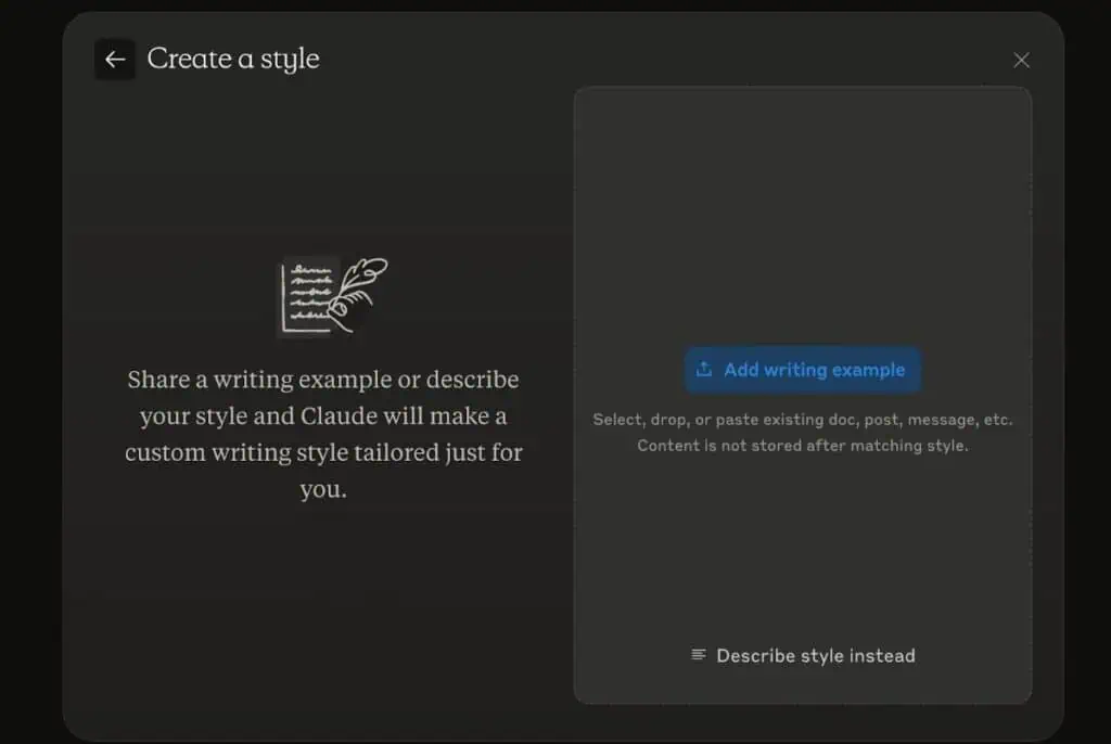 Claude interface for creating a custom writing style with options to add writing examples or describe style preferences