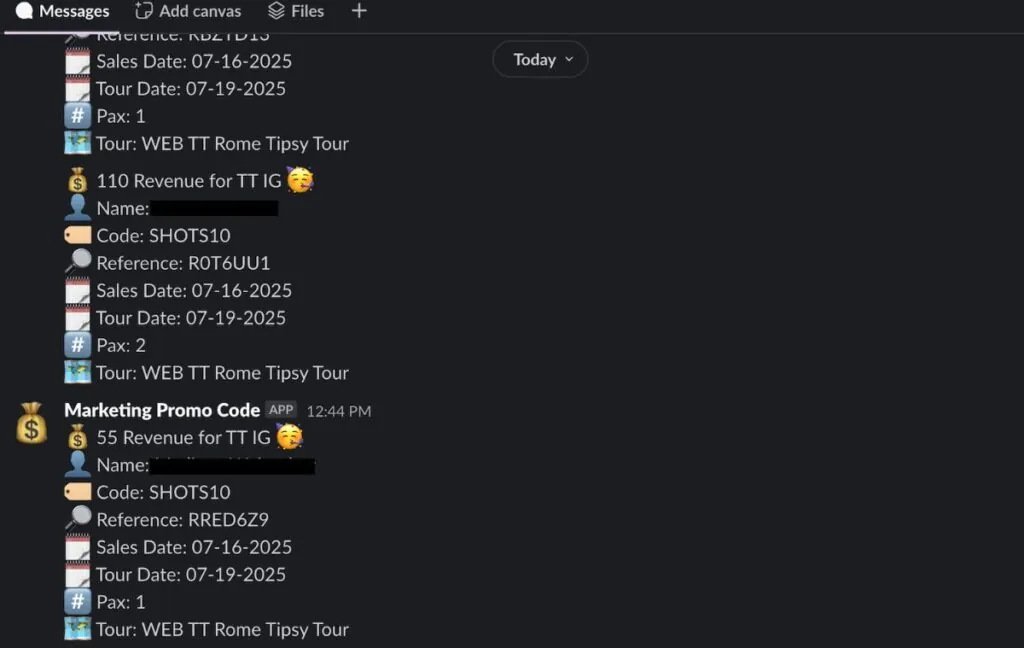 Chat interface showing tour booking details with revenue amounts, dates, and reference codes for Rome tours