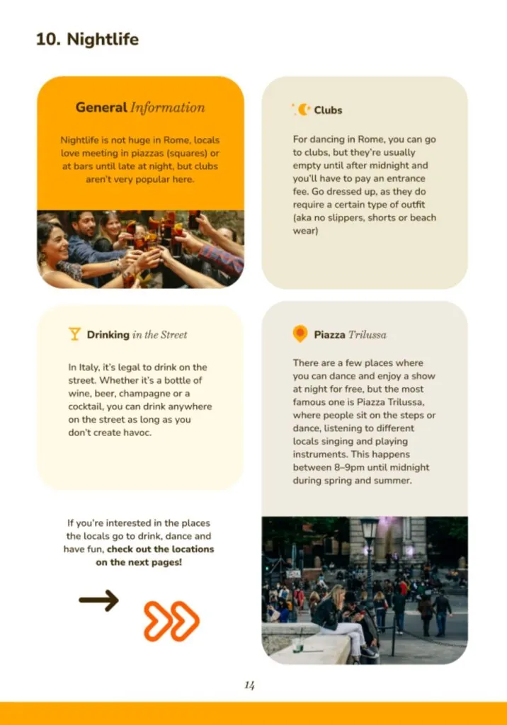 Guide page about Rome nightlife showing information about clubs, street drinking, and Piazza Trilussa with photos