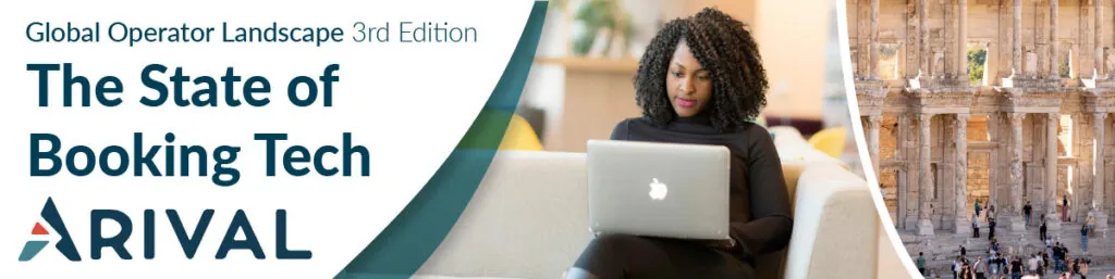 Header image for "The State of Booking Tech" report by Arival, featuring a woman with curly hair using a laptop, with historic architecture in the background.