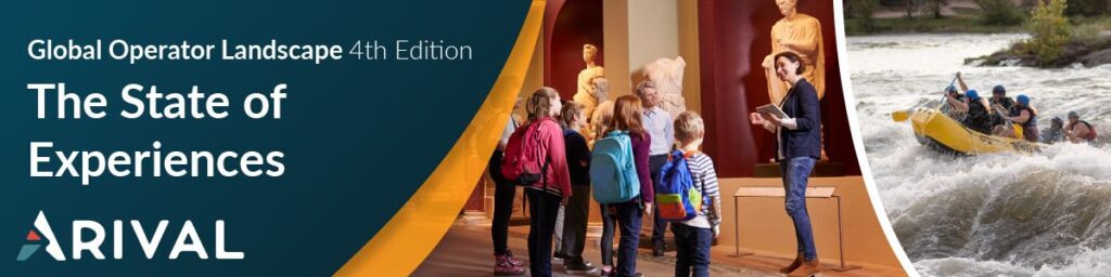 Banner image for "The State of Experiences" report showing museum visitors and whitewater rafting with Arival branding