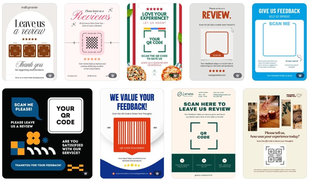 Grid of ten review-request card designs, each prompting a QR code scan to leave a review.