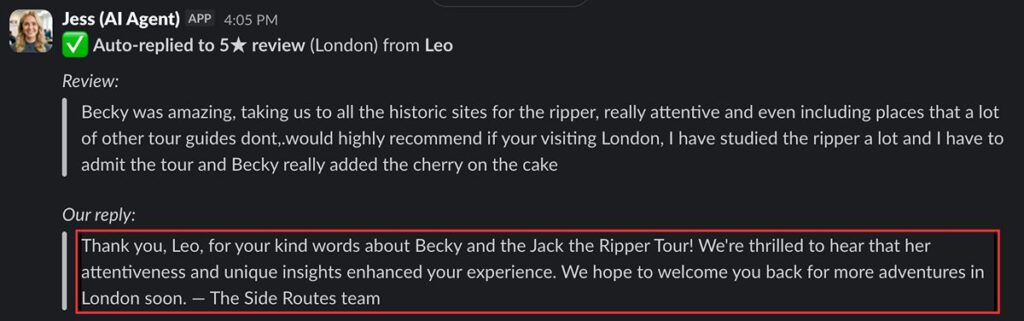 screenshot of an AI agent auto-replying to a five-star tour review, with the generated response highlighted.