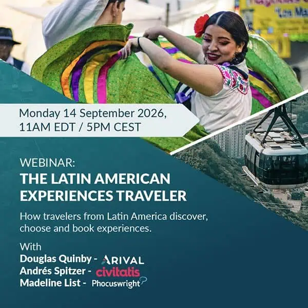 Webinar promo for "The Latin American Experiences Traveler," Monday 14 September 2026, with Douglas Quinby, Andrés Spitzer, and Madeline List.